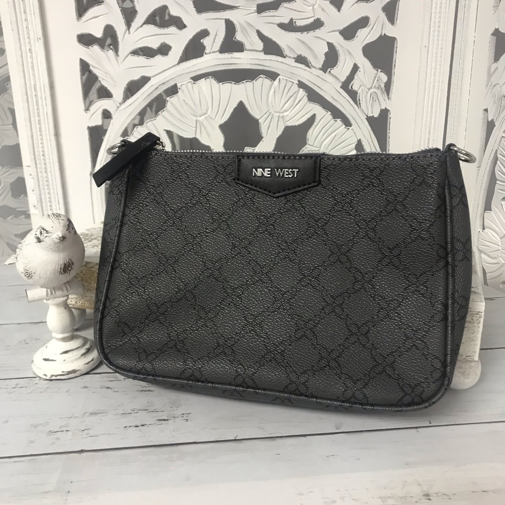 Nine West Garner Print Makeup Cosmetic Bag, Black Travel Pouch, Zippered Pouch